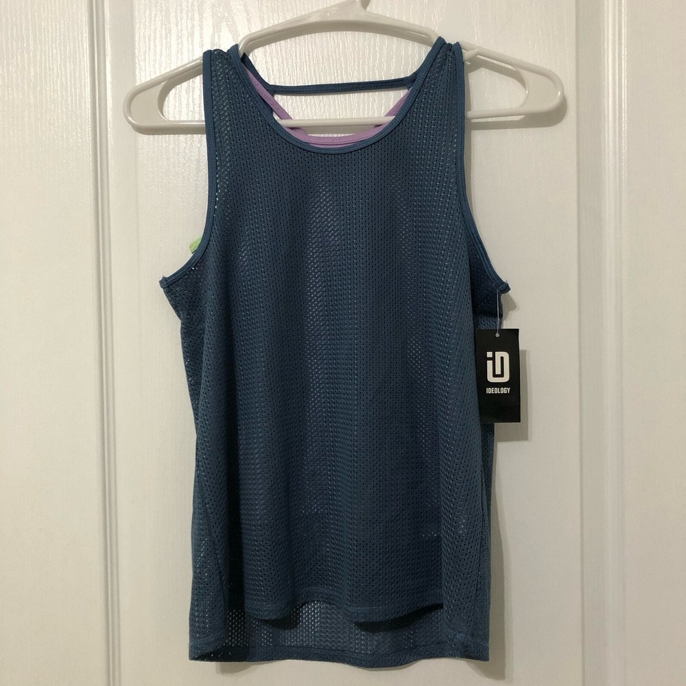 Ideology Girls Blue Mesh Layered Tank Top Built-In Sports Bra Size Medium NWT